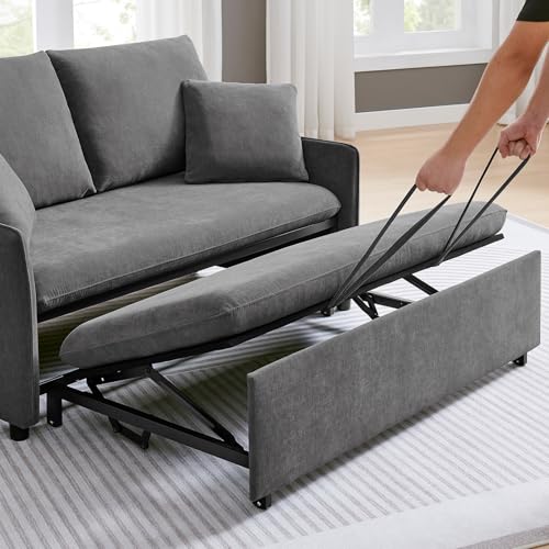 55" 3-in-1 Convertible Sleeper Sofa Bed with Adjustable Backrest, Chenille, Beige R49011
