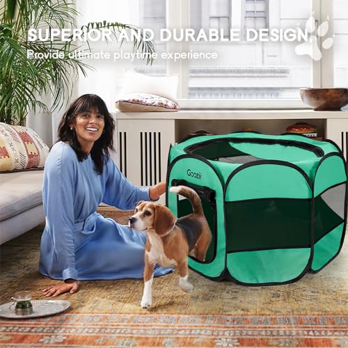Portable Dog Playpen for Small Dogs Indoor Outdoor, Collapsible with Roof Cover, Green C304366