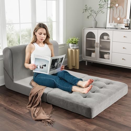 COMAX Folding Sofa Bed Convertible Chair Bed Corduroy 3-in-1 Floor Couch, Dark Grey E940