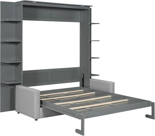 Queen Murphy Bed with Couch and Storage Shelves, Wood Cabinet, Grey I683551