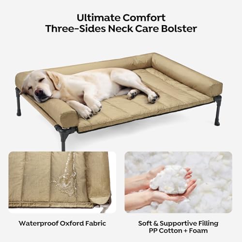 Veehoo Elevated Dog Bed with Removable Waterproof Bolster Cushion, Breathable Mesh, Indoor Outdoor, 42x30 inches, Beige U875430