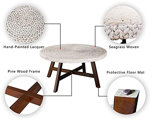 RANDEFURN Round Seagrass Coffee Table with Pine Wood X Base, 32 x 17 Inches E987219