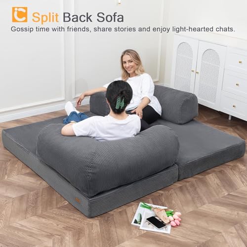 COMAX Folding Sofa Bed Convertible Chair Bed Corduroy 3-in-1 Floor Couch, Dark Grey E940