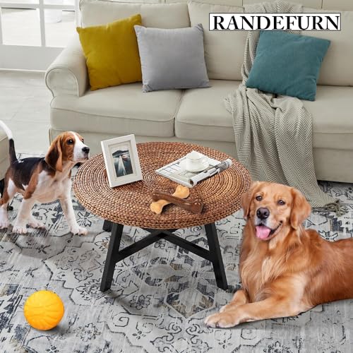 RANDEFURN Round Seagrass Coffee Table with Pine Wood X Base, 32 x 17 Inches E987219