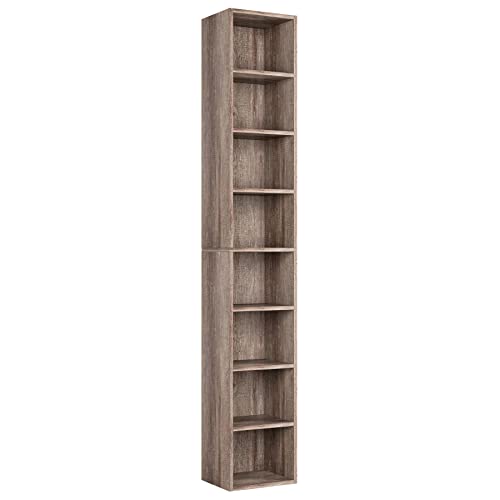 FOTOSOK 8-Tier Media Tower Rack, Tall Narrow Bookcase, Black/Brown W19438