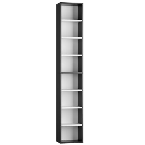 FOTOSOK 8-Tier Media Tower Rack, Tall Narrow Bookcase, Black/Brown W19438