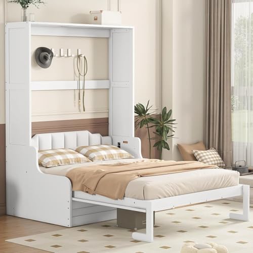 MERITLINE Queen Murphy Bed with Couch and Storage Shelves, White M951