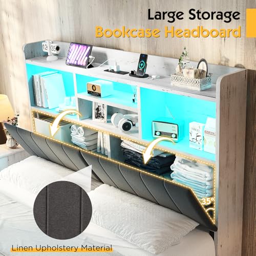Farmhouse Bed Frame with Bookcase Headboard, LED Storage, Black G550865