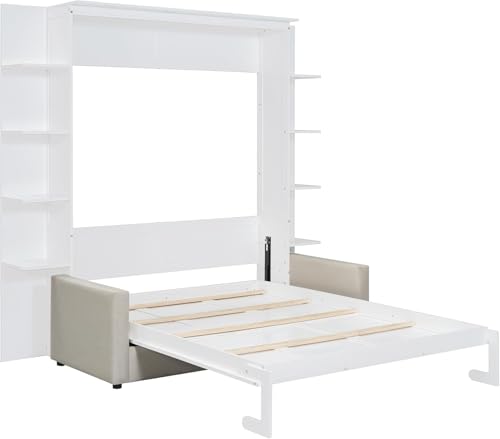 Queen Murphy Bed with Couch and Storage Shelves, Wood Cabinet, Grey I683551