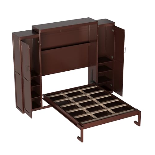 Queen Size Murphy Bed Wall Cabinet with 2 Wardrobes and Storage Shelf, White E955210