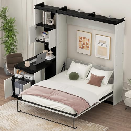 Queen Size Murphy Bed Wall Cabinet with 2 Wardrobes and Storage Shelf, White E955210