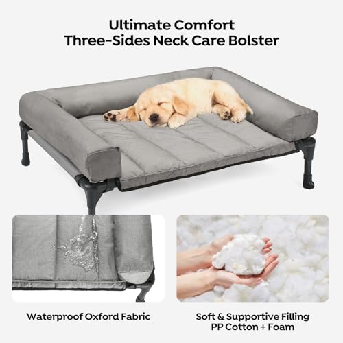 Veehoo Elevated Dog Bed with Removable Waterproof Bolster Cushion, Breathable Mesh, Indoor Outdoor, 42x30 inches, Beige U875430