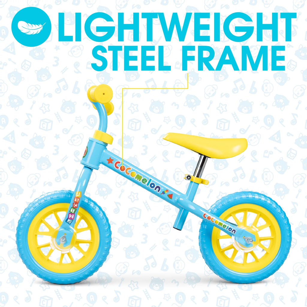 Cocomelon Toddlers Balance Bike with Adjustable Helmet, Light-up Wheels, Blue W771