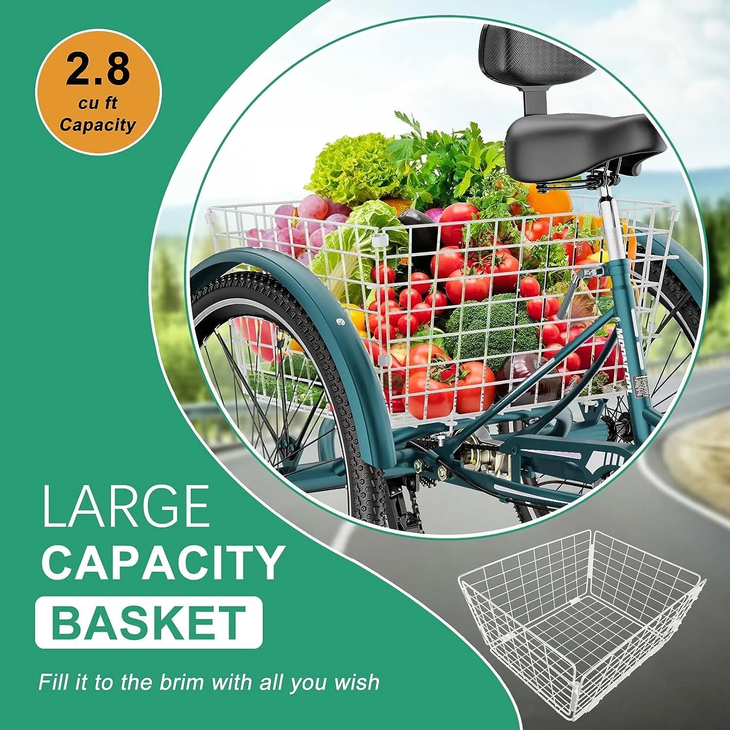 FICISOG 26 Adult Tricycle, 3 Wheel 7 Speed, 450lbs Capacity with Basket X547