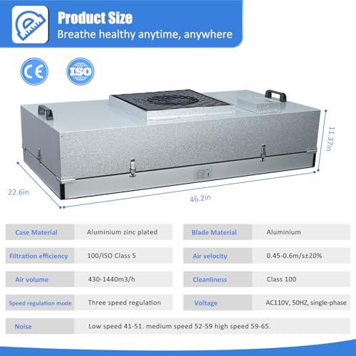 HEPA H14 Laminar Flow Hood with Fan Filter Unit, 22.6"x22.6" 110V, ISO Class 5 L625019