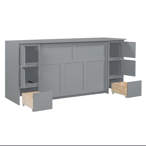 Full Size Murphy Bed with Drawers, Cabinets and USB Ports, Gray D589081