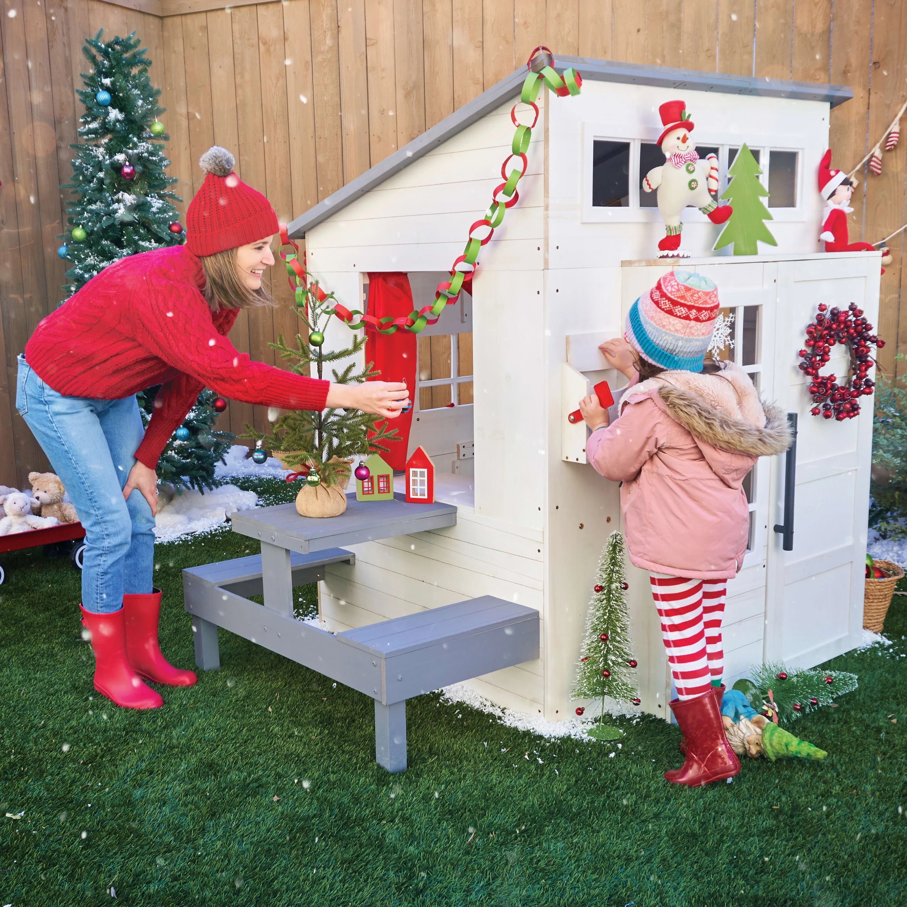 KidKraft Modern Outdoor Wooden Playhouse with Picnic Table, Mailbox & Grill, White P4610
