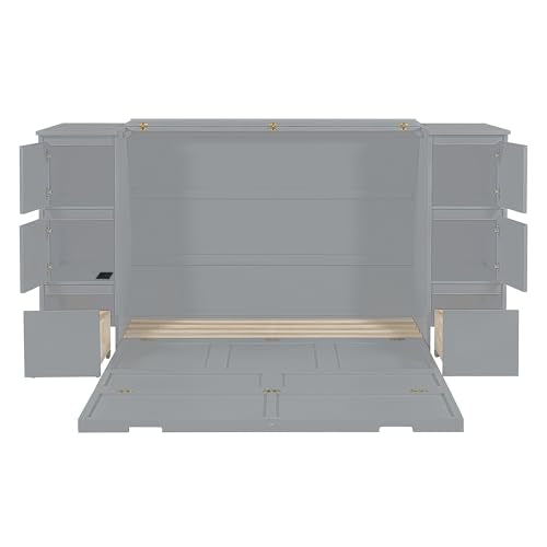Full Size Murphy Bed with Drawers, Cabinets and USB Ports, Gray D589081