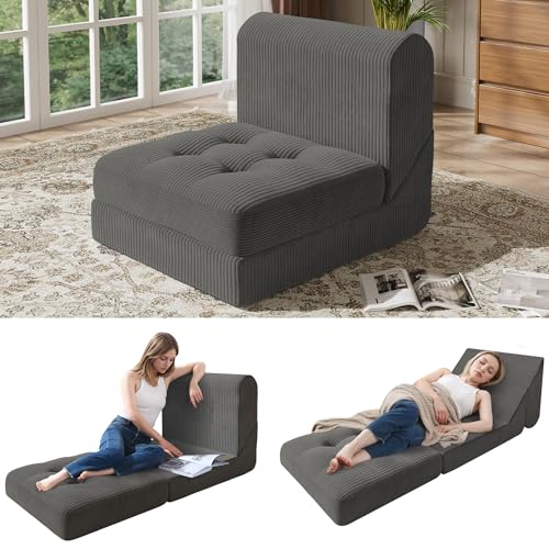 COMAX Folding Sofa Bed Convertible Chair Bed Corduroy 3-in-1 Floor Couch, Dark Grey E940