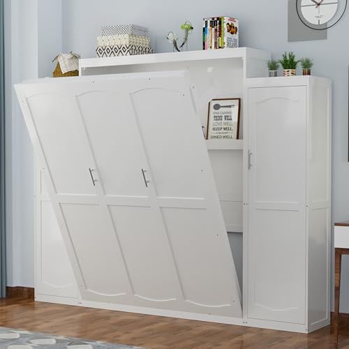 Queen Size Murphy Bed Wall Cabinet with 2 Wardrobes and Storage Shelf, White E955210