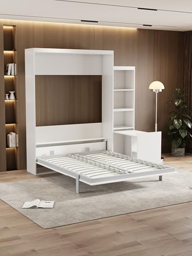White Full Size Murphy Bed Cabinet with Shelf and Drawers Y948