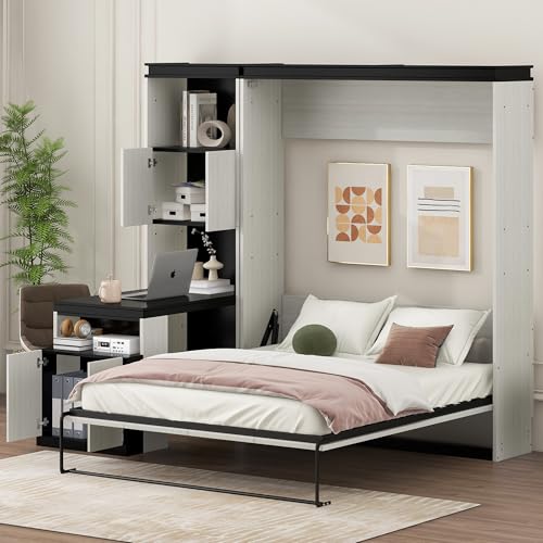 Queen Size Murphy Bed Wall Cabinet with 2 Wardrobes and Storage Shelf, White E955210