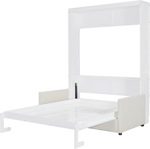 MERITLINE Queen Murphy Bed with Couch and Storage Shelves, White M951