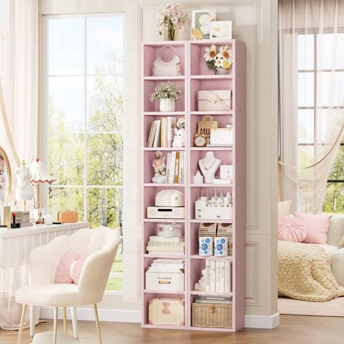 FOTOSOK 8-Tier Media Tower Rack, Tall Narrow Bookcase, Black/Brown W19438
