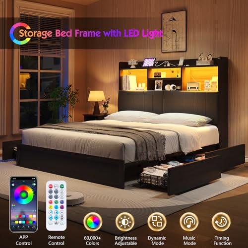Farmhouse Bed Frame with Bookcase Headboard, LED Storage, Black G550865