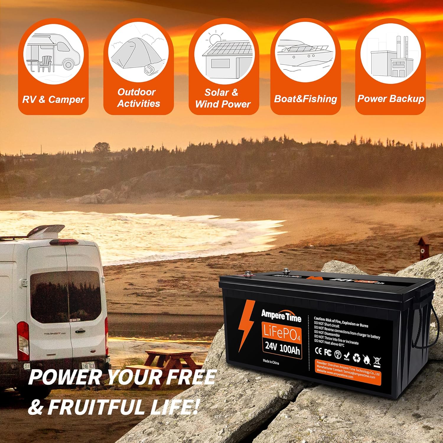 Ampere Time 12V 200Ah Plus LiFePO4 Battery with 200A BMS N84511
