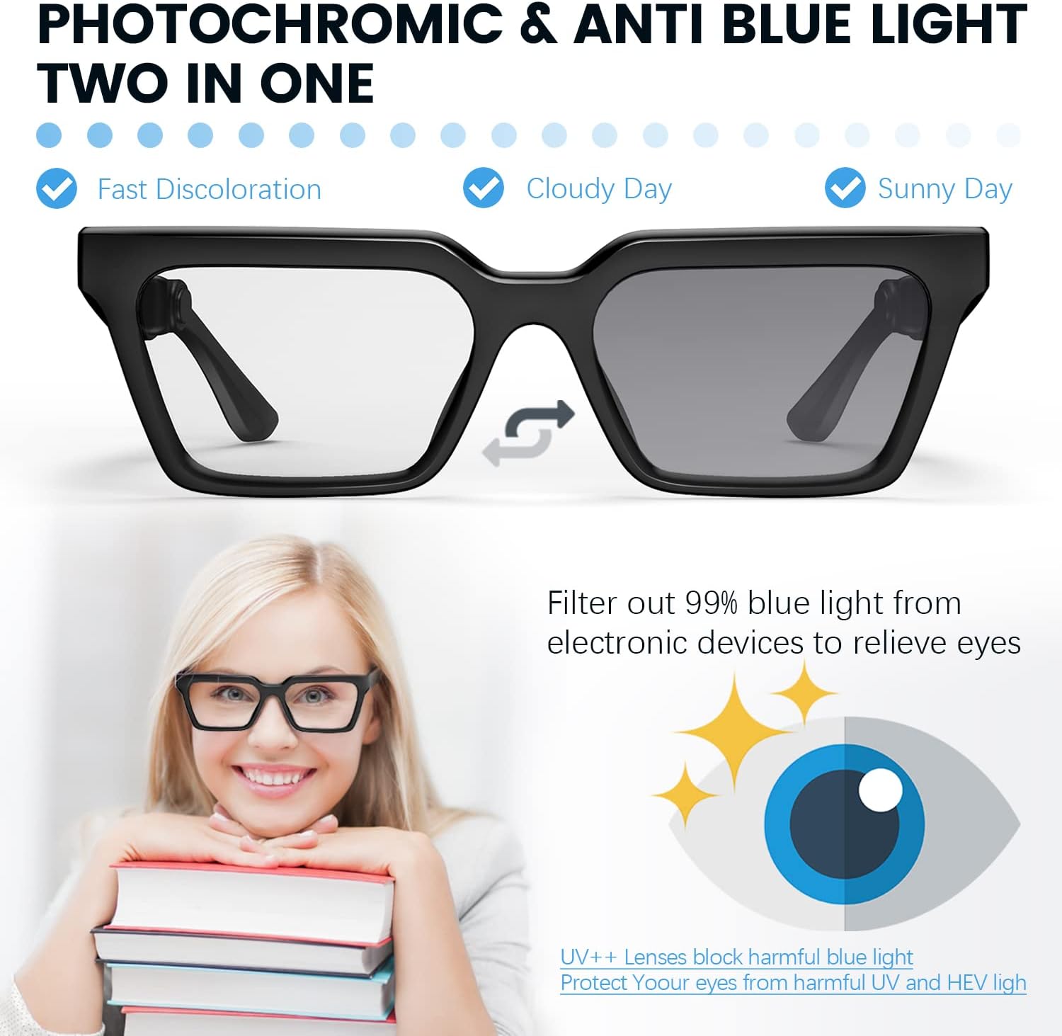 Bone Conduction Glasses Headphones with Anti Blue Light and Photochromic Lenses D669113