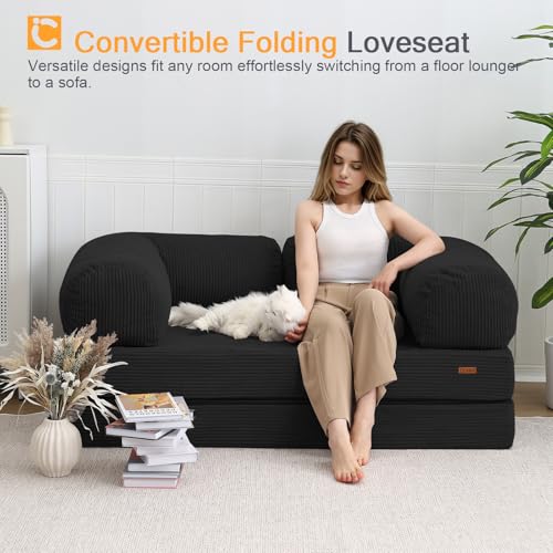COMAX Folding Sofa Bed Convertible Chair Bed Corduroy 3-in-1 Floor Couch, Dark Grey E940