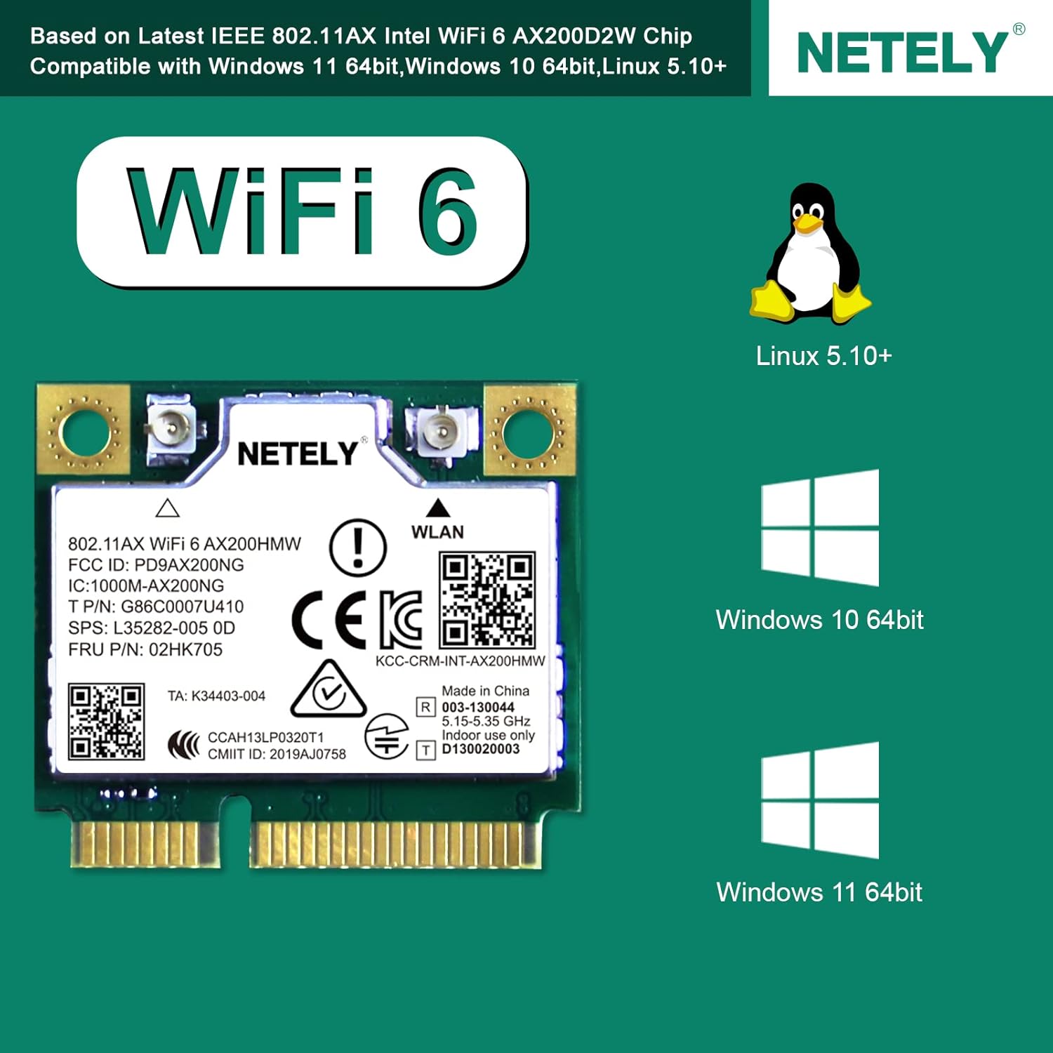 NETELY WiFi 6 AX200HMW Mini-PCIE WiFi Bluetooth Adapter 3000Mbps, Pack of 2 Z397