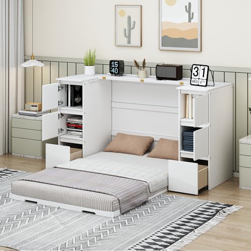 Full Size Murphy Bed with Drawers, Cabinets and USB Ports, Gray D589081