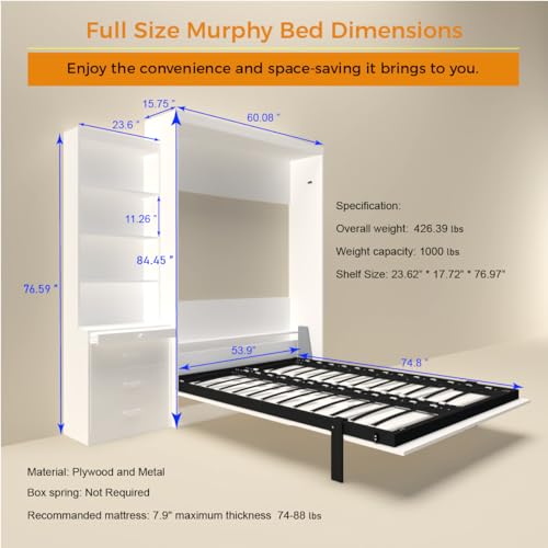 Full Size Murphy Bed with Drawers, Cabinets and USB Ports, Gray D589081