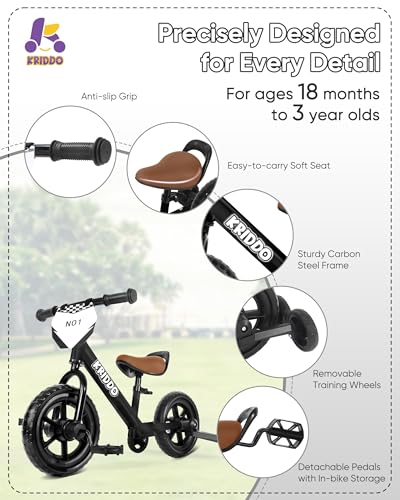 KRIDDO 2-in-1 Kids Tricycle and Toddler Balance Bike, Black U656
