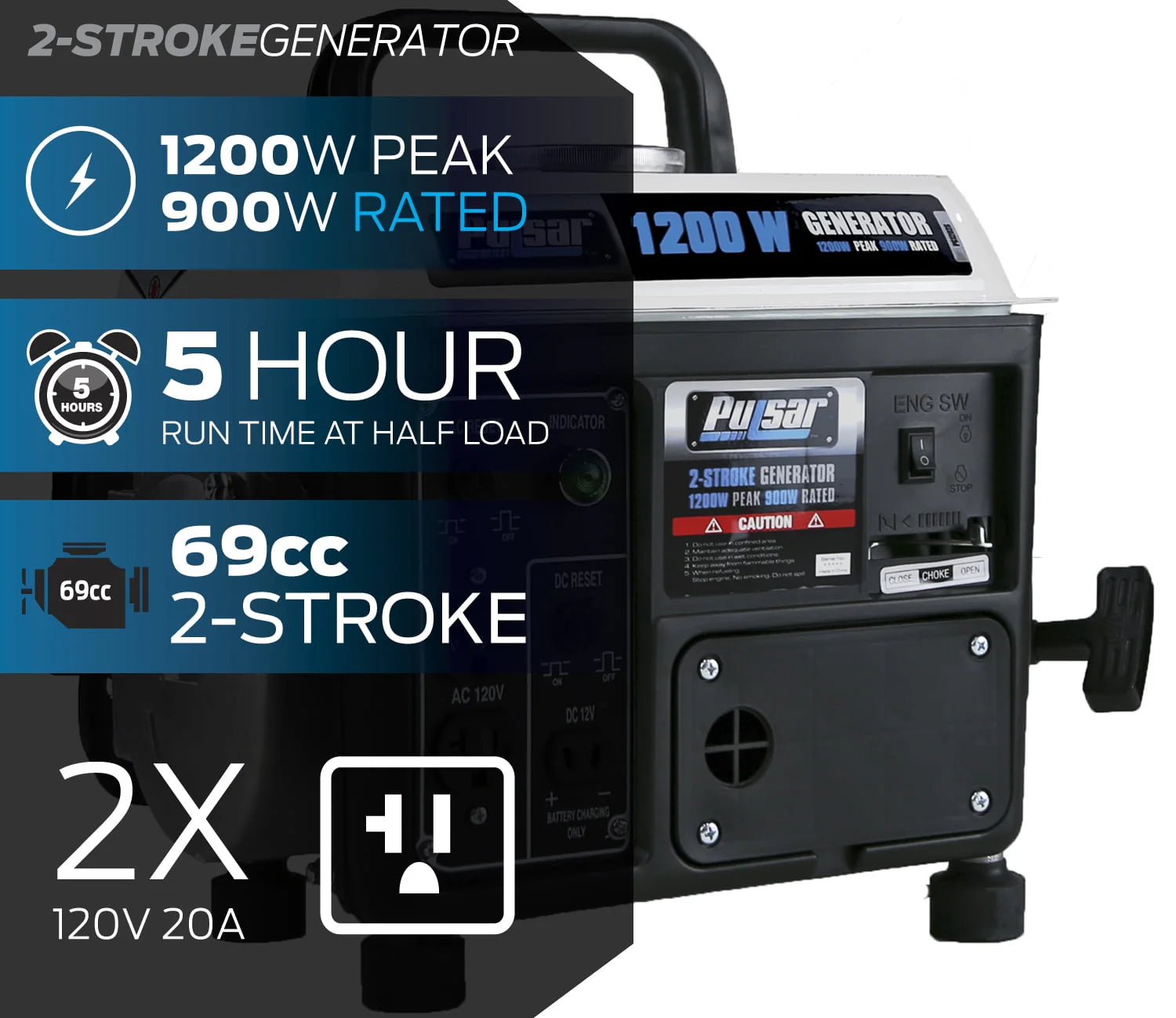 Pulsar PG1202SA 1200 Peak Watt Portable 2-Cycle Gas Generator B7042
