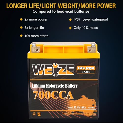 Weize Lithium YTX30L-BS 12V 10AH LiFePO4 Motorcycle Battery with Smart BMS E599001