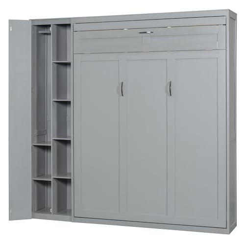 Harper & Bright Designs Queen Murphy Bed with Storage Shelves and LED Lights, Gray D9429