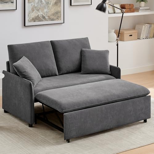 55" 3-in-1 Convertible Sleeper Sofa Bed with Adjustable Backrest, Chenille, Beige R49011