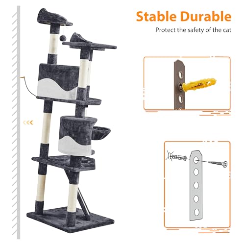 Yaheetech Multi-Level Cat Tree with Scratching Posts, Plush Perches and Condo, Dark Gray and White V70137