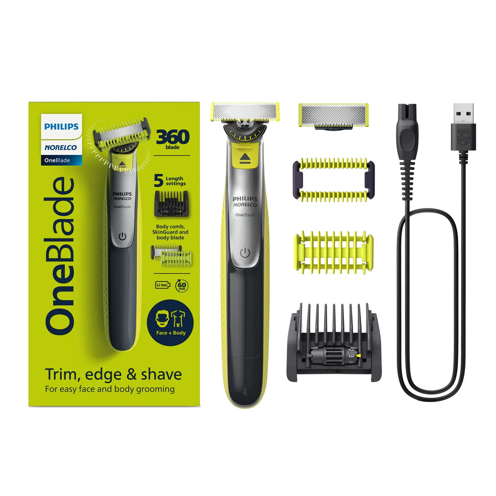Philips Norelco Oneblade 360 Face + Body, Hybrid Electric Razor and Beard Trimmer For Men with 5-In-1 Face Stubble Comb and Body Hair Trimmer Kit, QP2834/70