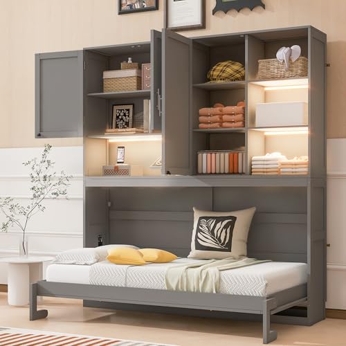 PURLOVE Wood Twin Murphy Bed with Light and USB, Gray W600663