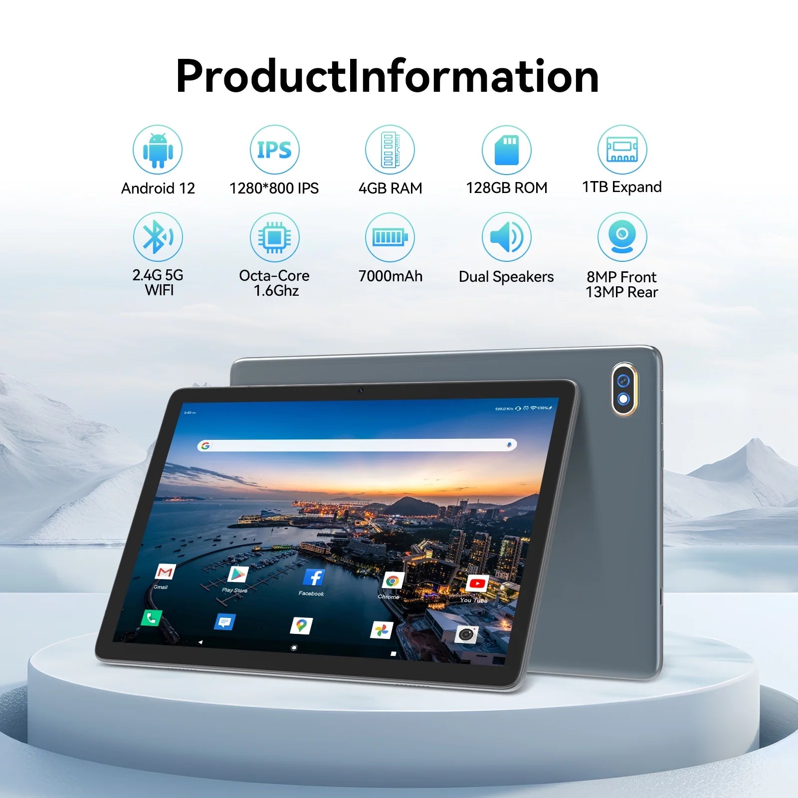 10.1 inch Android 12 Tablet 4GB RAM 128GB ROM WiFi GPS M250
