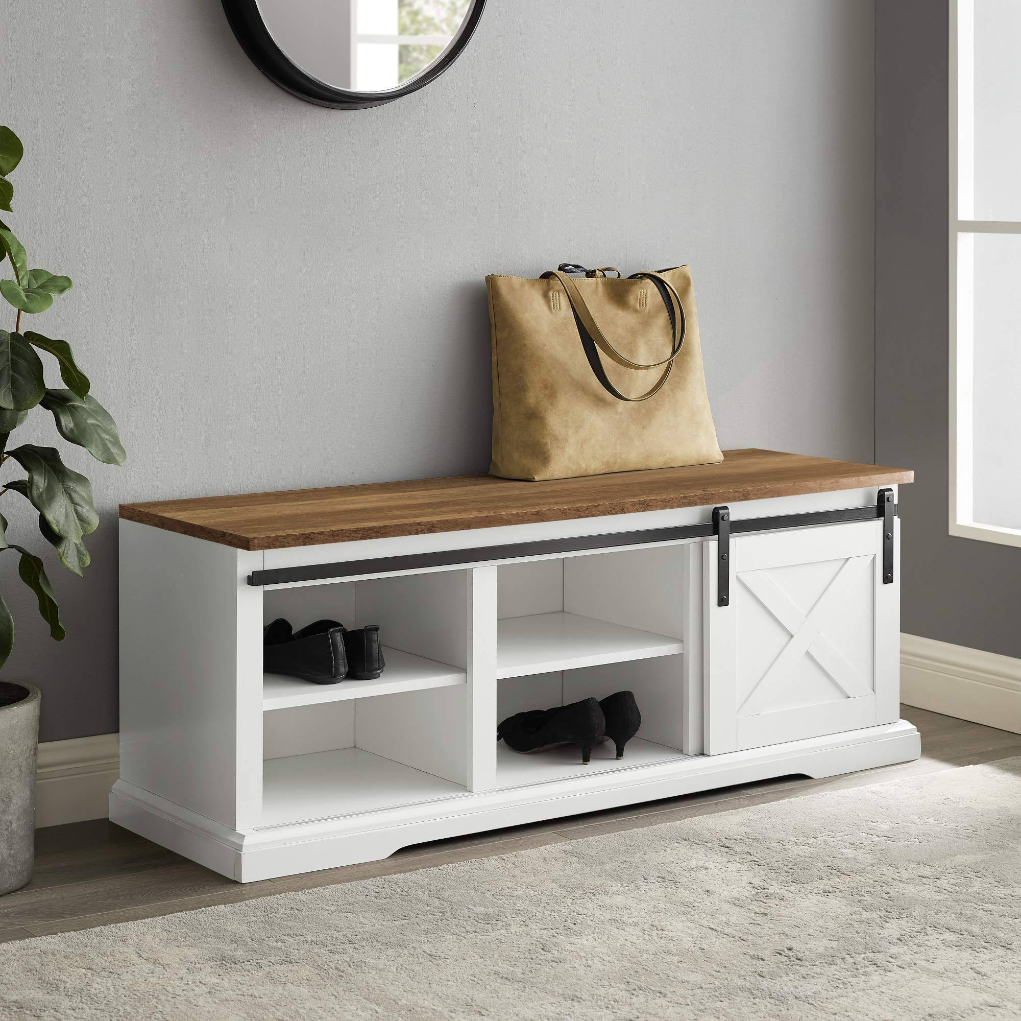 Walker Edison Sliding Barn Door Entry Bench - White / Reclaimed Barnwood U567