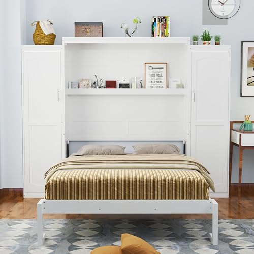Harper & Bright Designs Full Murphy Bed with Two Closets and Storage Shelf, Walnut P2065