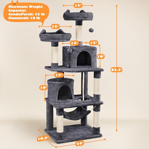 Yaheetech 62.5in Cat Tree with Platform & Hammock, Dark Gray L747397