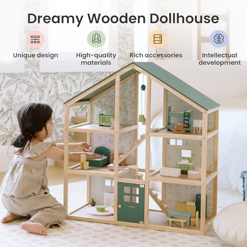 Tiny Land Wooden Dollhouse for Girls with 31Pcs Furniture Accessories, Green L263