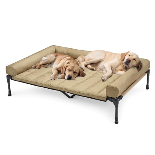 Veehoo Elevated Dog Bed with Removable Waterproof Bolster Cushion, Breathable Mesh, Indoor Outdoor, 42x30 inches, Beige U875430