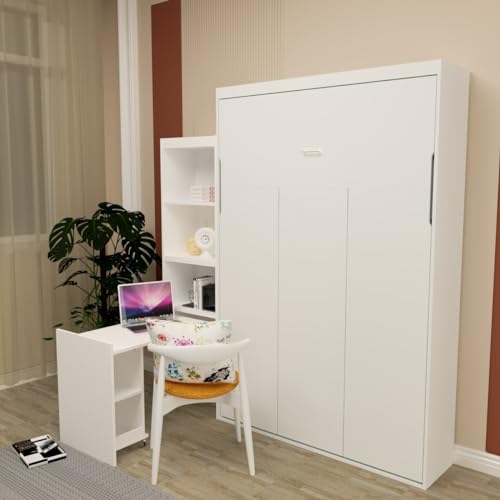 Queen Size Murphy Bed Wall Cabinet with 2 Wardrobes and Storage Shelf, White E955210